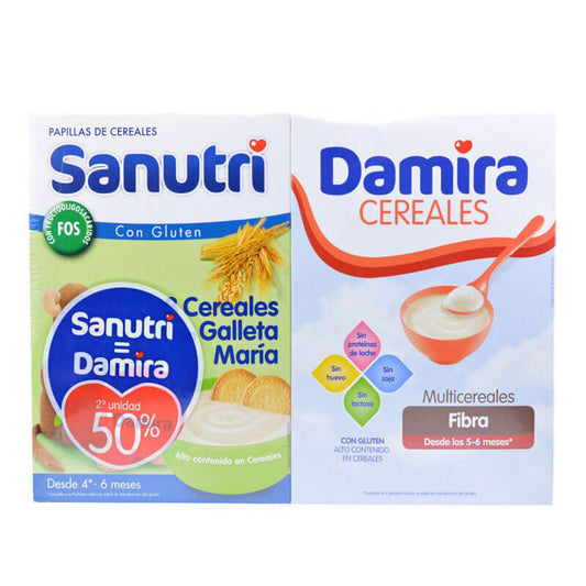 Pack Sanutri 8 Cereales con Galleta Maria 600 gr + Damira Multicerales Fibra 600 gr
