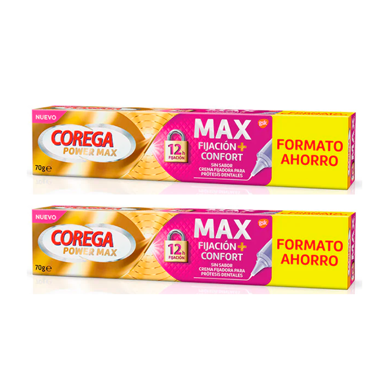 Corega Duplo Max Fijación + Confort Crema Fijadora para Prótesis Dentales, 2 x 70 gr
