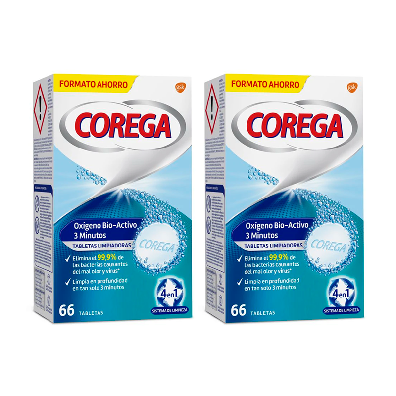 Corega Duplo 3 Minutos Limpieza Protesis Dental, 2 x 66 Tabletas