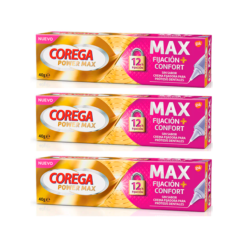 Corega Triplo Max Fijación + Confort Crema Fijadora para Prótesis Dentales, 3 x 40 gr