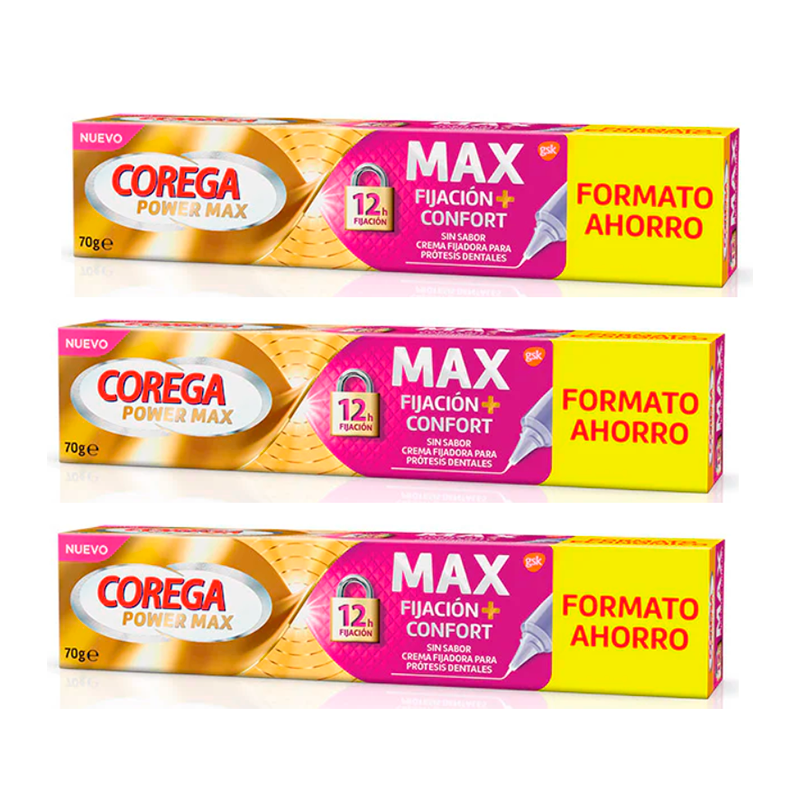 Corega Triplo Max Fijación + Confort Crema Fijadora para Prótesis Dentales, 3 x 70 gr