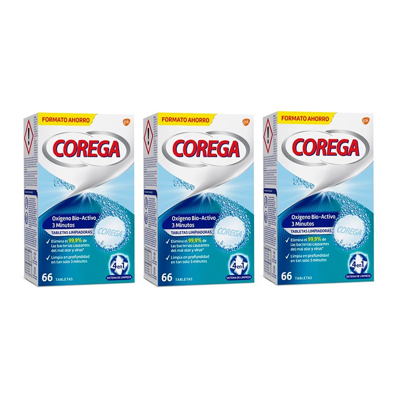 Corega Triplo 3 Minutos Limpieza Protesis Dental, 3 x 66 Tabletas