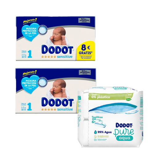 Dodot Pack De 2 Sensitive Recién Nacido Box Talla 1 , 80 unidades + Toallitas Pure Aqua Para Bebé 288 Unidades