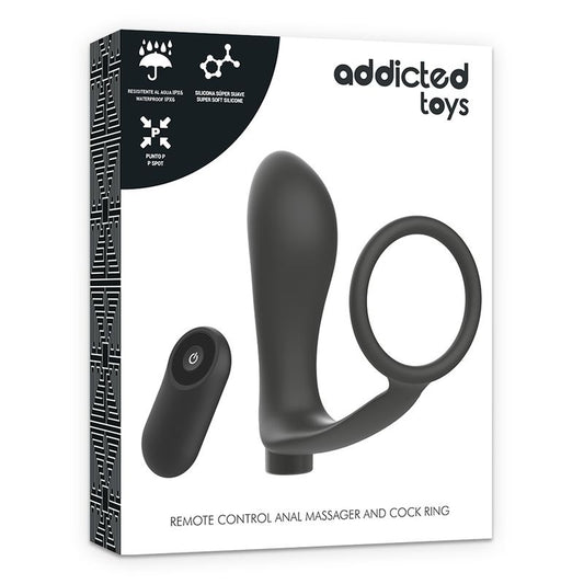 Addicted Toys Anilla Pene Con Plug Anal Control Remoto Negro Recargable
