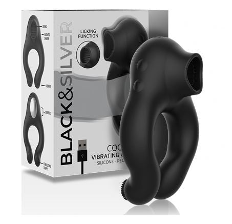 Black&Silver - Anillo Vibrador De Silicona Con 3 Motores Recargable Negro 