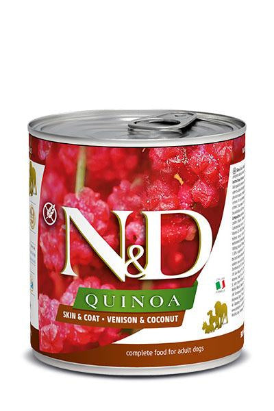 Farmina N&D Dog Quinoa Skin Coat Venado Caja 6X285Gr, comida húmeda para perros
