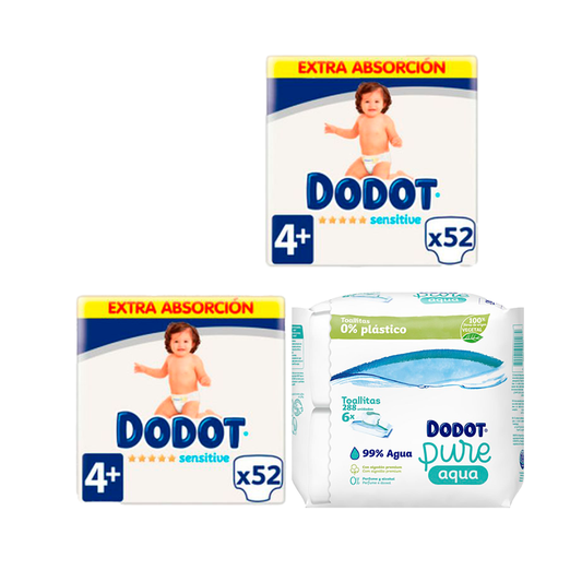 Dodot Pack De 2 Sensitive Extra Jumbo Talla 4+, 52 unidades + Toallitas Pure Aqua Para Bebé 288 Unidades