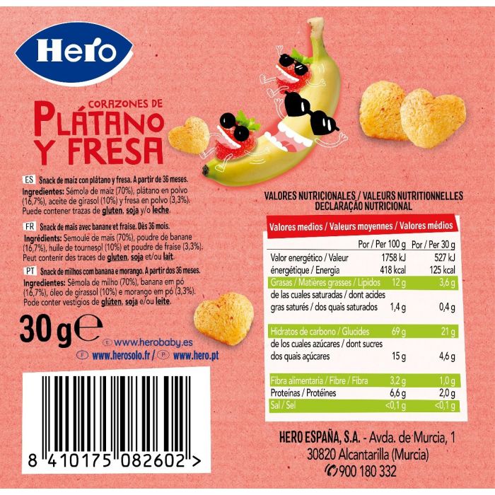 Hero Snack Corazones De Plátano Y Fresa , 30 gr