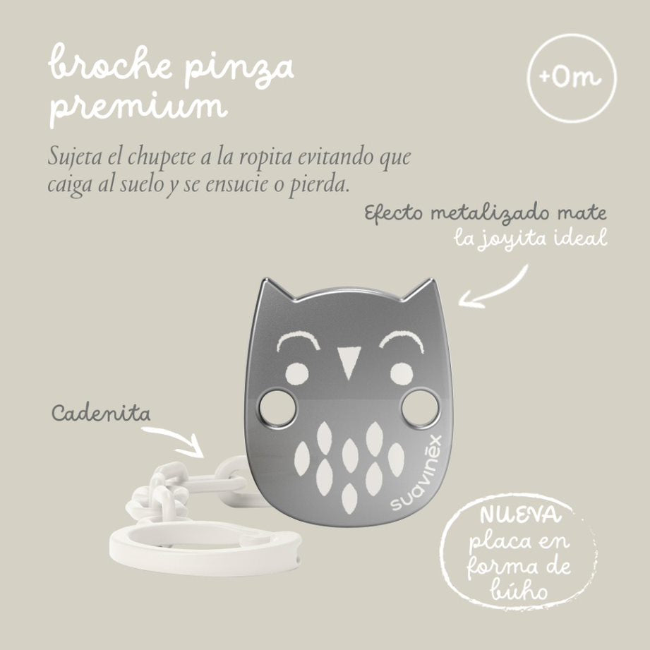 Suavinex Broche Pinza Premium. Cadena Para Chupete Con Efecto Metalizado Mate. +0 Meses. Gris