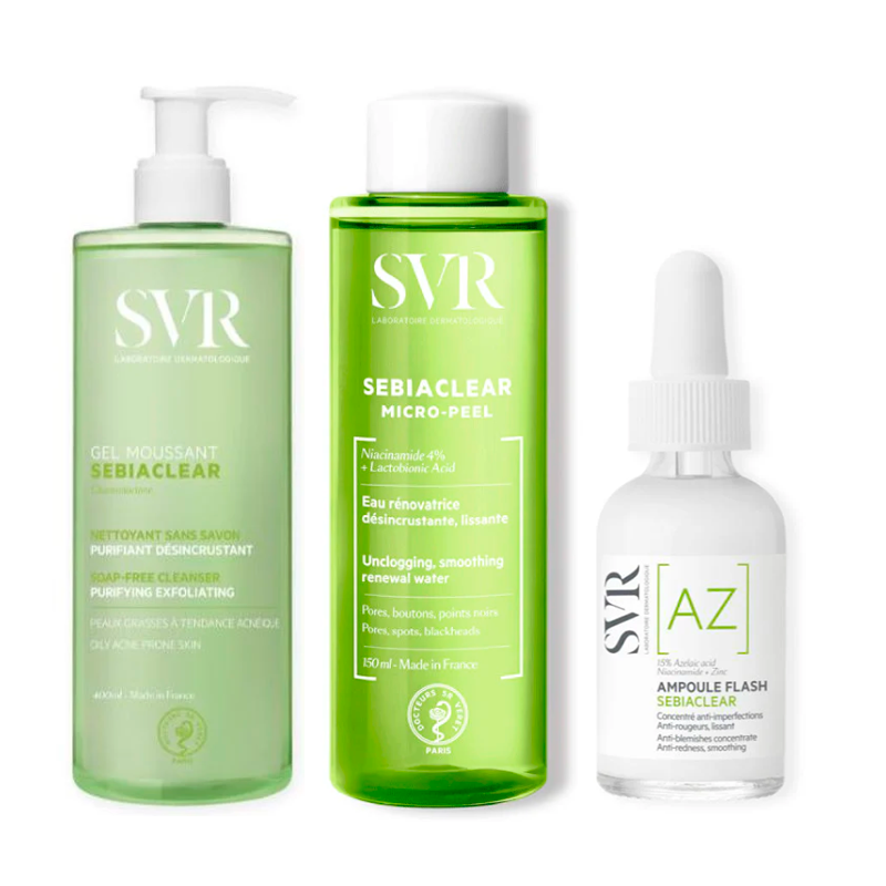Svr Pack Rutina Piel Acneíca Sebiaclear Ampoule Flash, 30 Ml + Sebiaclear Gel Mousse 400 Ml + Sebiaclear Micro Peel 150 Ml