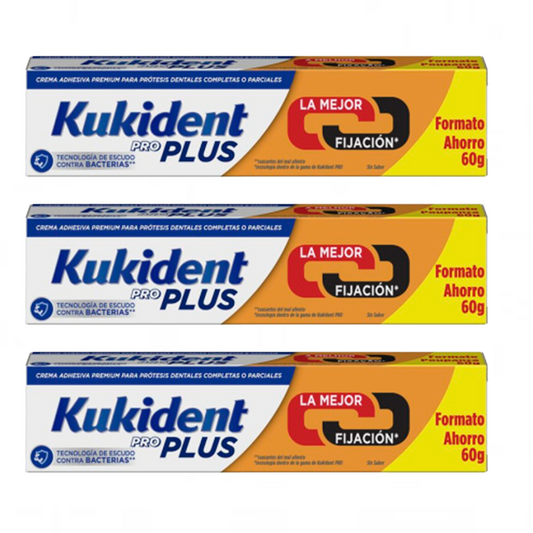 Kukident Triplo Adhesivo Para Prótesis Dentales Plus Doble Acción, 3 x 60 Gr