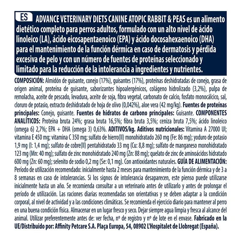 Advance Vet Canine Adult Atopic Conejo 3Kg, pienso para perros