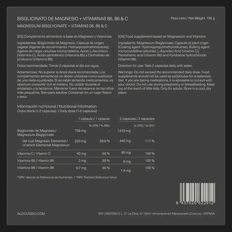 Aldous Bio Bisglicinato , 200 cápsulas