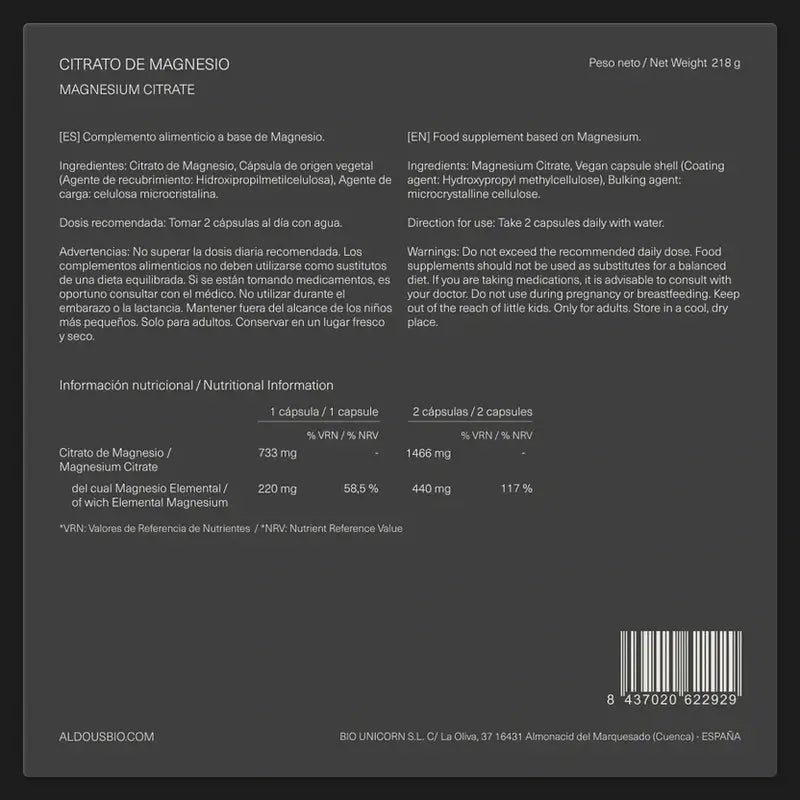 Aldous Bio Citrato De Magnesio , 250 cápsulas