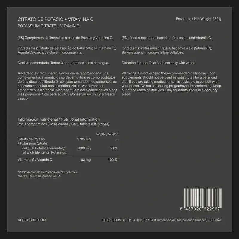 Aldous Bio Citrato De Potasio , 250 comprimidos