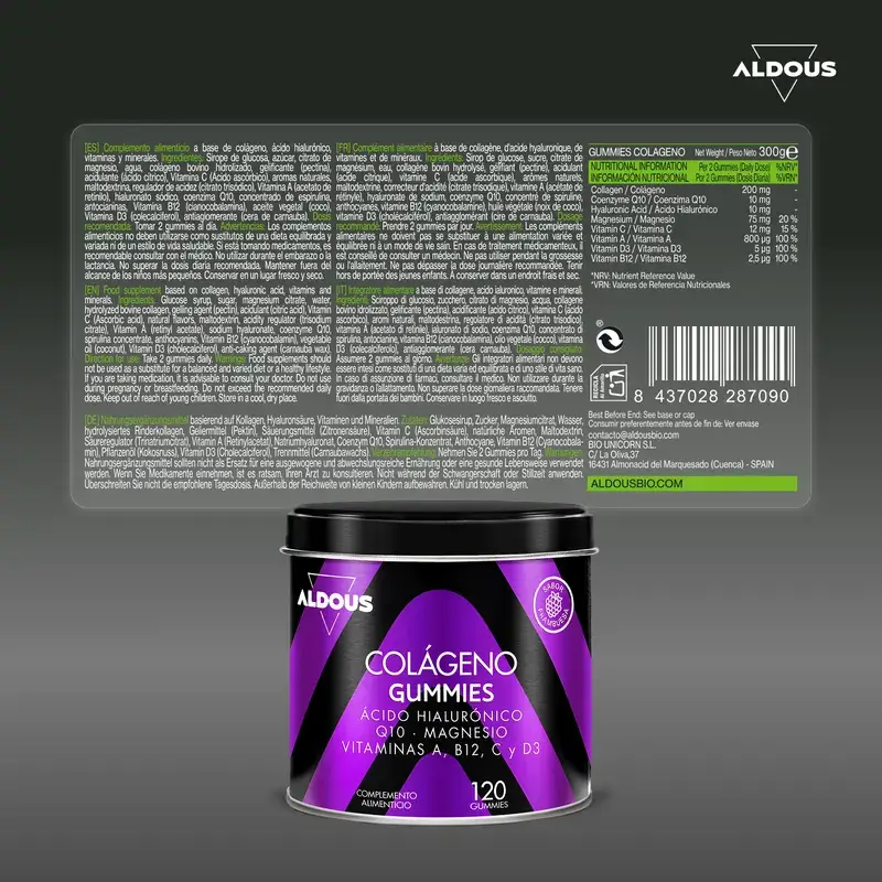 Aldous Bio Colágeno Hidrolizado Con Ácido Hialurónico, Coenzima Q10, Zinc Y Vitaminas, 120 gominolas