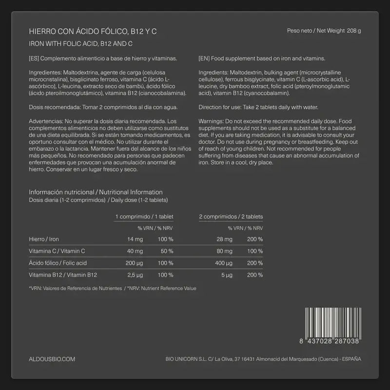 Aldous Bio Hierro Vitamina C, B12 Y Ácido Fólico , 200 capsulas