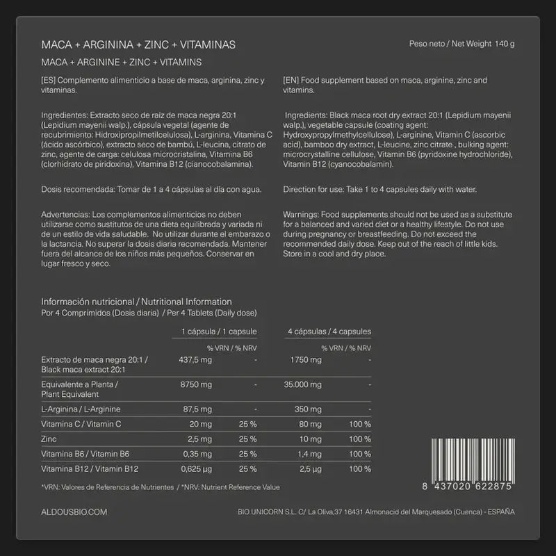 Aldous Bio Maca Negra Peruana Complex Arginina, Zinc, Vitamina C, B12 Y B6 , 200 capsulas