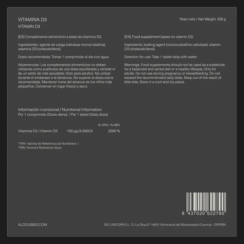 Aldous Bio Vitamina D3 4000 Ui Aldous , 500 comprimidos