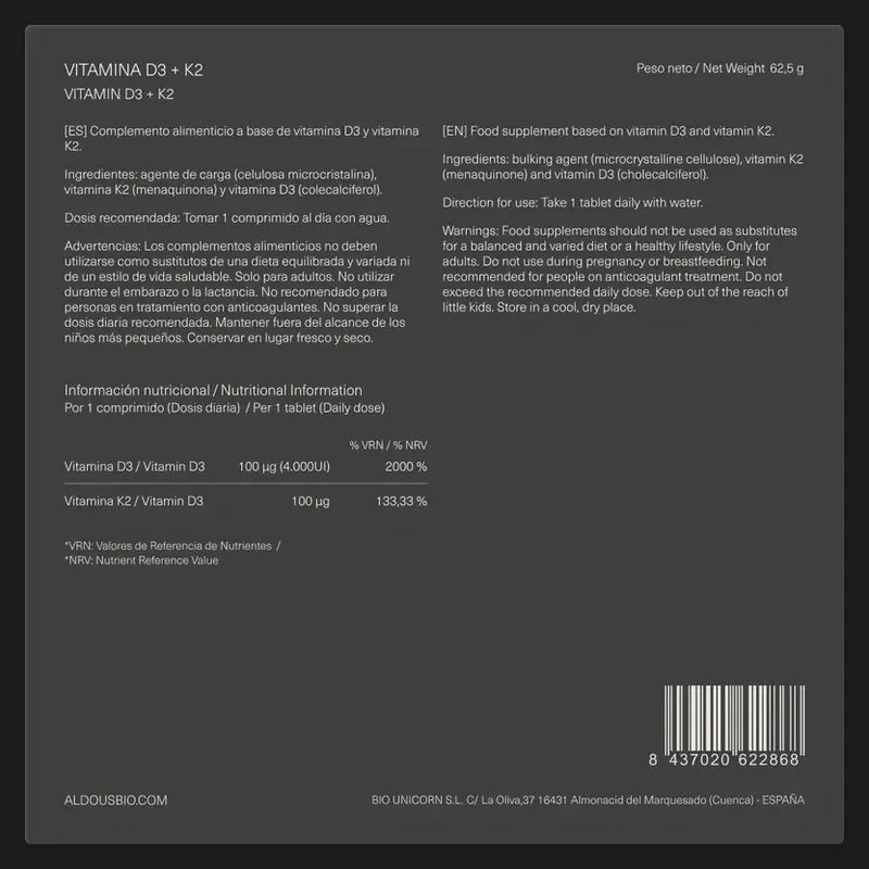 Aldous Bio Vitamina D3 + K2, 250 comprimidos