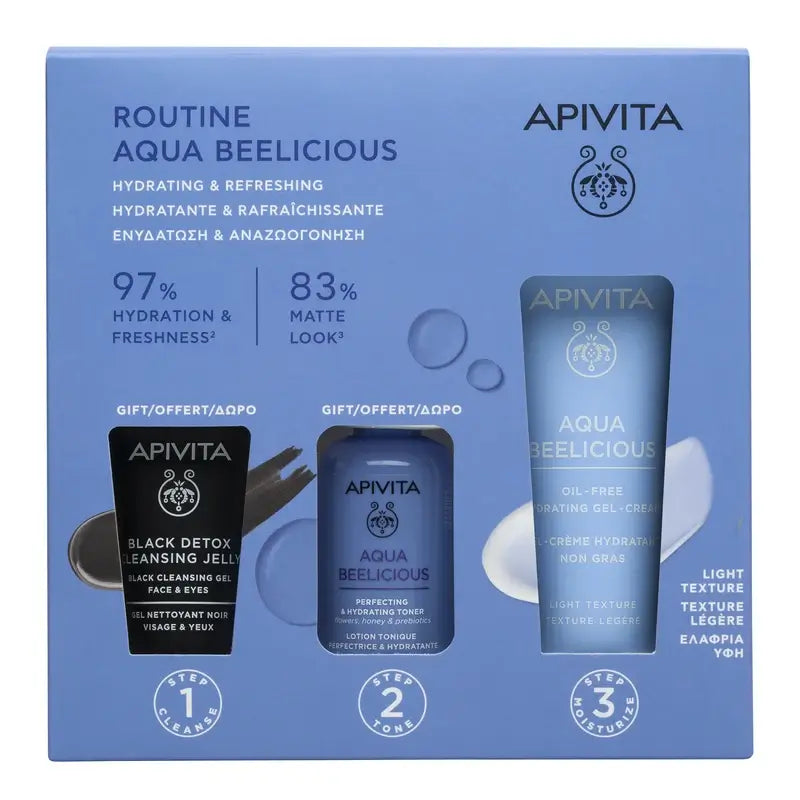 Apivita Aqua Beelicious Crema, 40 Ml + Gel Hidratante Oil Free Black Detox, 15Ml + Tónico Perfeccionador, 50Ml