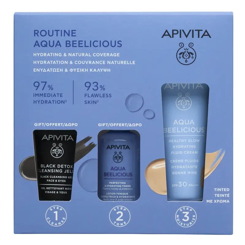 Apivita Aqua Beelicious Crema Fluida Iluminadora Hidrantante Spf30 Color + Black Detox 15Ml + Tónico Perfeccionador 50Ml