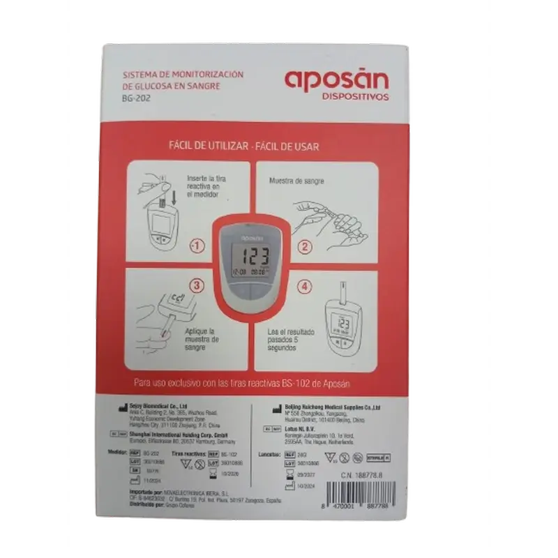 Aposan Sistema De Monitorización De Glucosa En Sangre Bg-02, 10 lancentas + 10 tiras