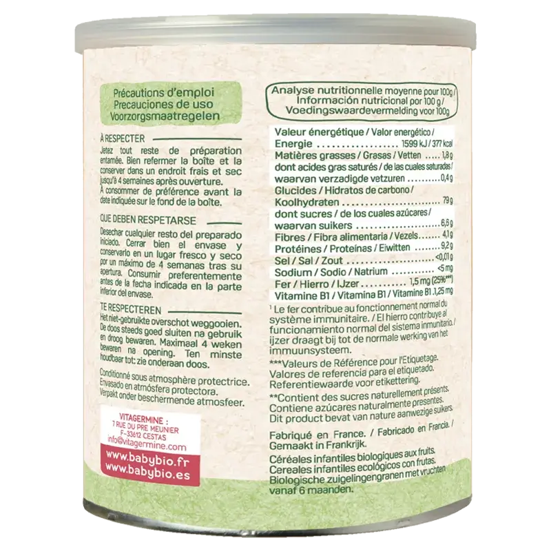 Babybio 5 Cereales con Fruta , 220 gr