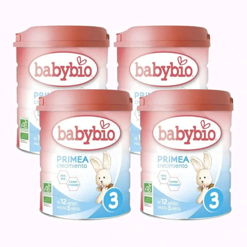 Babybio Primea 3 Leche de Vaca Crecimiento 12-36 Meses, Pack 4 x 800 gr