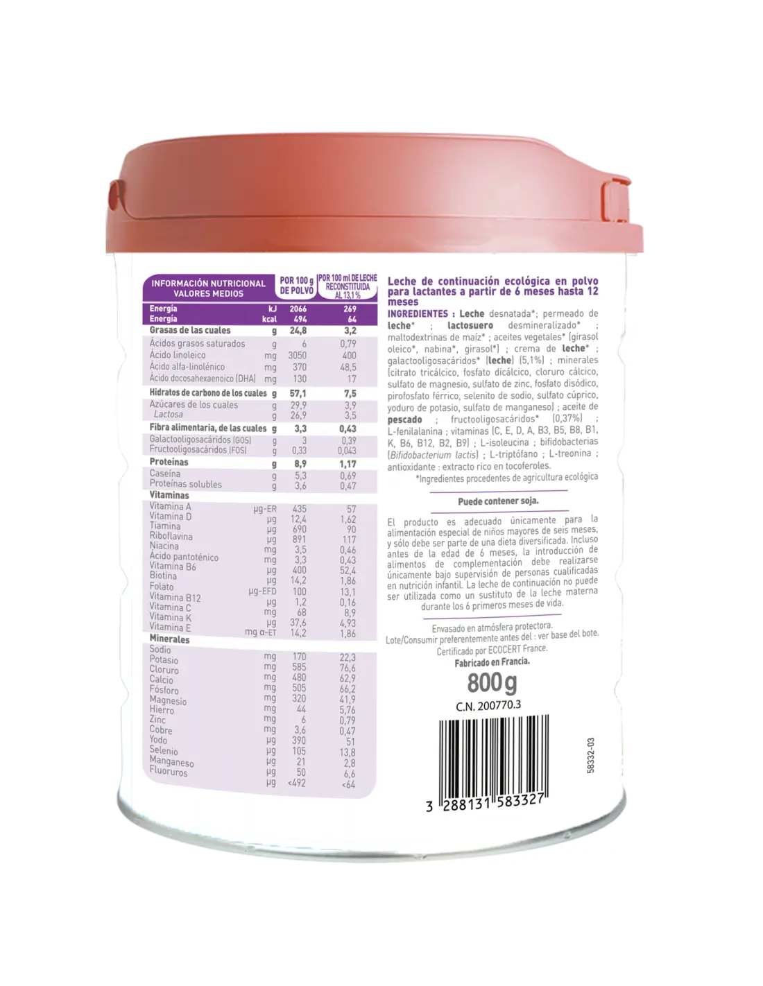 Babybio Optima 2 Leche de Vaca 0-6 Meses, 800 gr