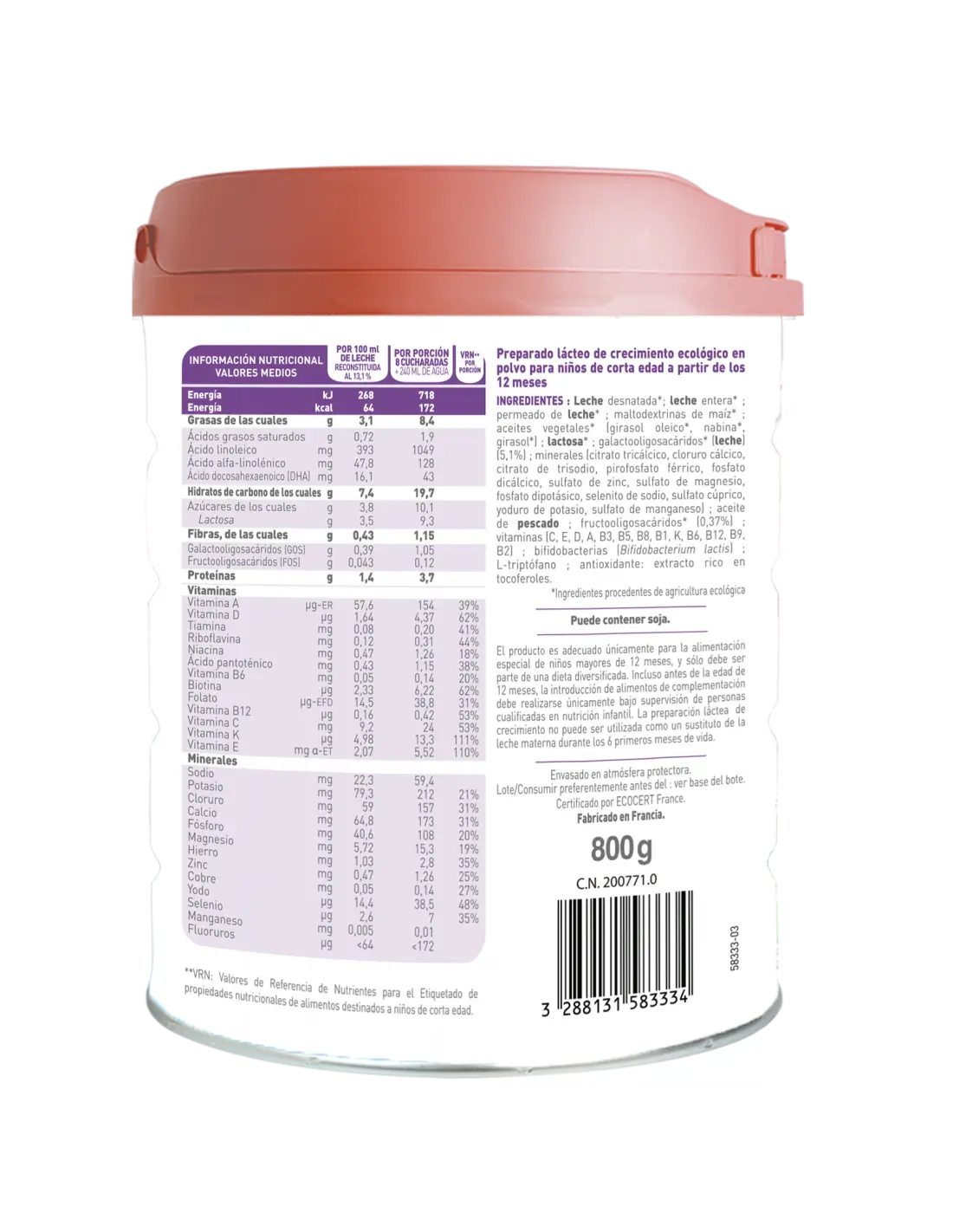 Babybio Optima 3 Leche de Vaca 12-36 Meses, 800 gr