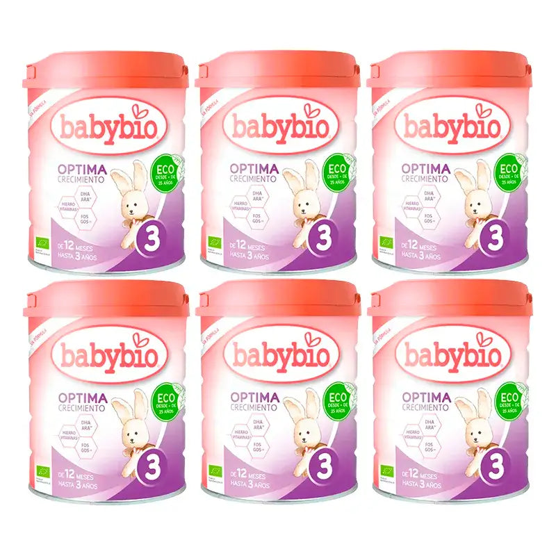 Babybio Optima 3 Leche de Vaca 12-36 Meses, Pack 6 x 800 gr