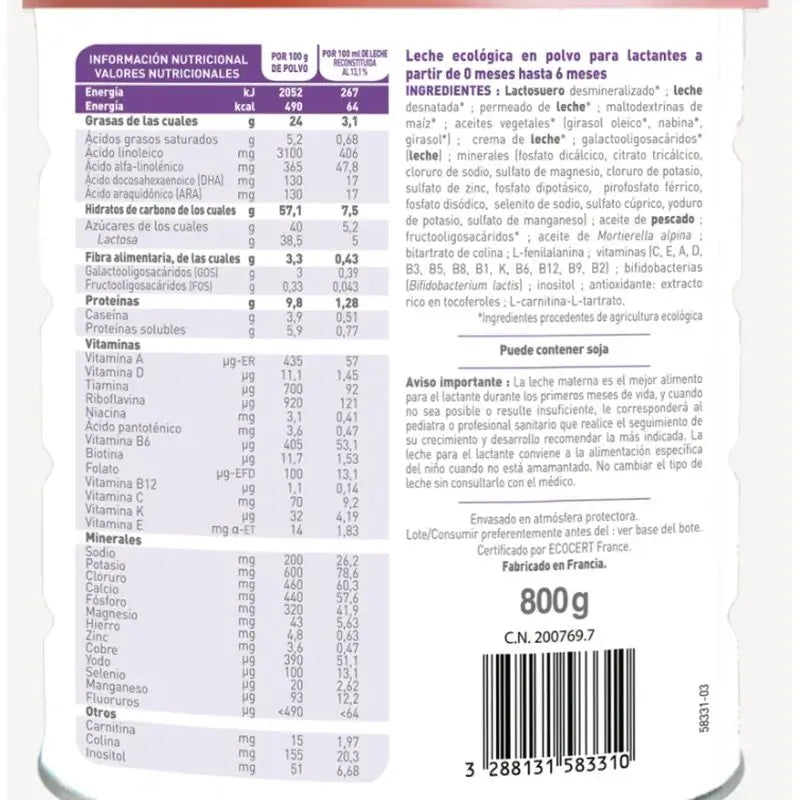 Babybio Optima 1 Leche de Vaca 0-6 Meses, Pack 2 x 800 gr