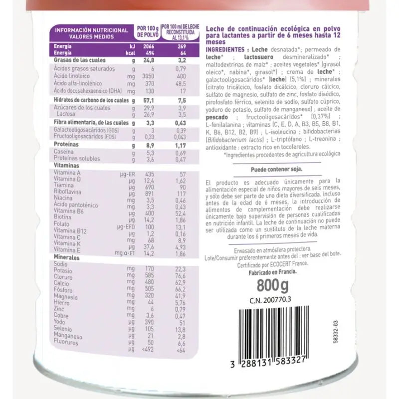 Babybio Optima 2 Leche de Vaca 6-12 Meses, Pack 12 x 800 gr