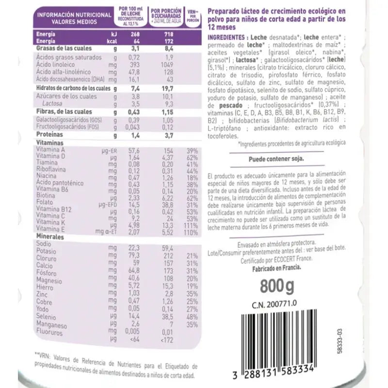 Babybio Optima 3 Leche de Vaca 12-36 Meses, Pack 8 x 800 gr