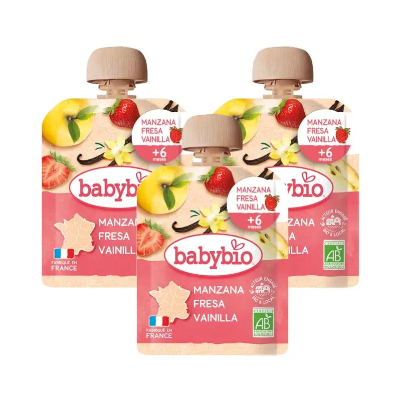 Babybio Pouch Manzana Fresa Vainilla, Pack 3 x 90 gr