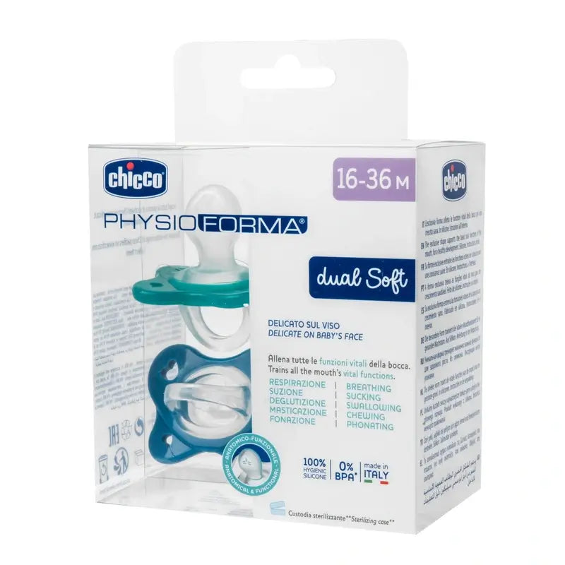 Chicco Chupete Physioforma Dual Soft Silicona Azul 16-36M 2 Unidades