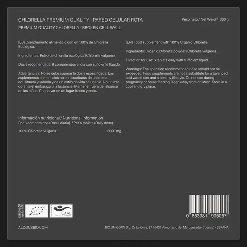 Aldous Chlorella y Espirulina Ecológica Premium, 600 unidades