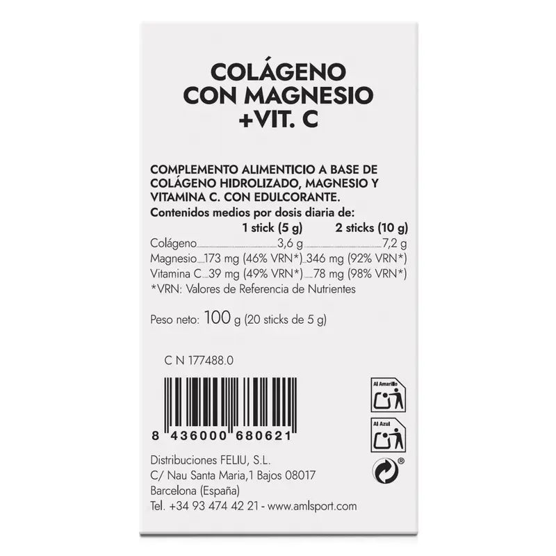 AML SPORT Colágeno con Magnesio + Vitamina C sabor fresa, 20 sticks