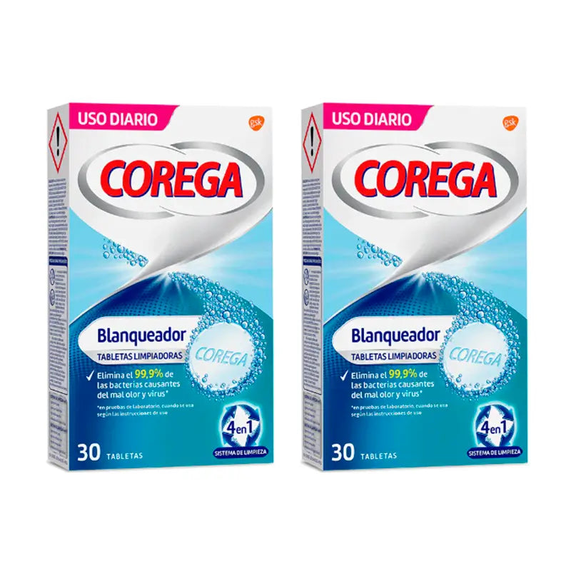 Corega Duplo Blanqueador Tabletas Limpiadoras, 2 x 30 unidades