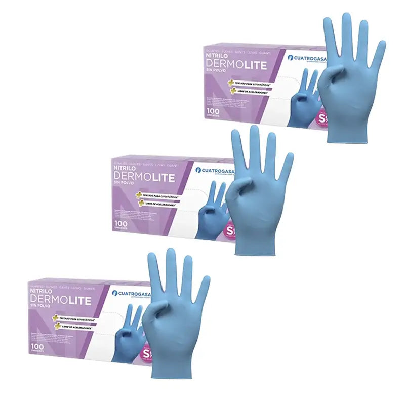 Cuatrogasa Guantes Nitrilo Dermolite Sin Polvo Azul Talla S, 3X100 Unidades