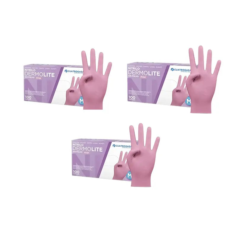 Cuatrogasa Guantes Nitrilo Dermolite Sin Polvo Rosa Talla M, 3X100 Unidades