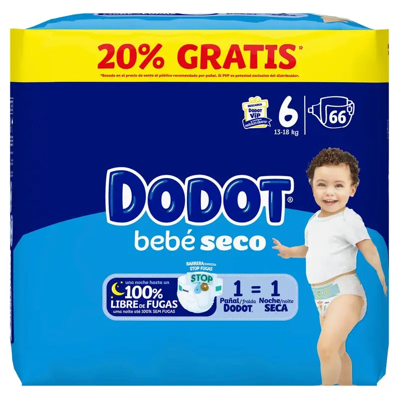 Dodot Bebé Seco Talla 6, 13Kg-18Kg, 66 Pañales