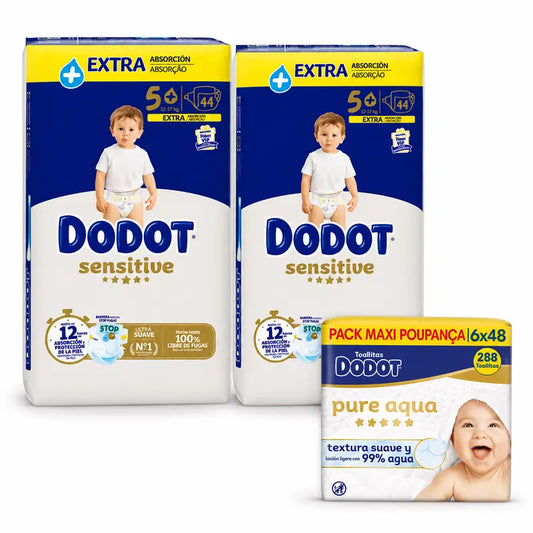 Dodot Sensitive Extra Jumbo Talla 5, 88 Pañales + Dodot Pure Aqua 288 Toallitas