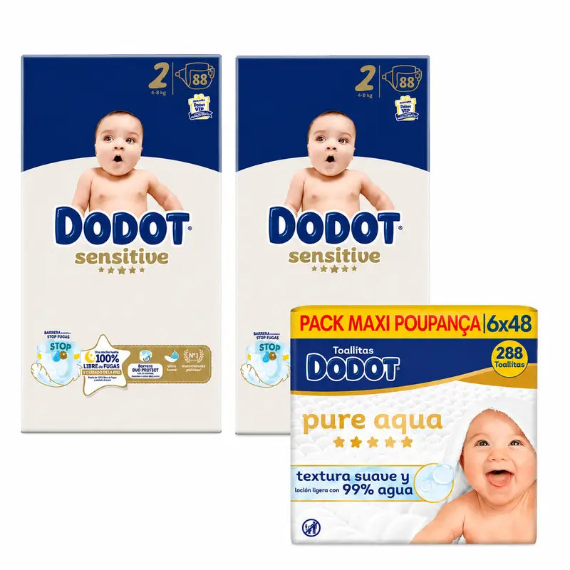 Dodot Sensitive Talla 2, 4kg-8kg, 176 Pañales + Dodot Pure Aqua 288 Toallitas