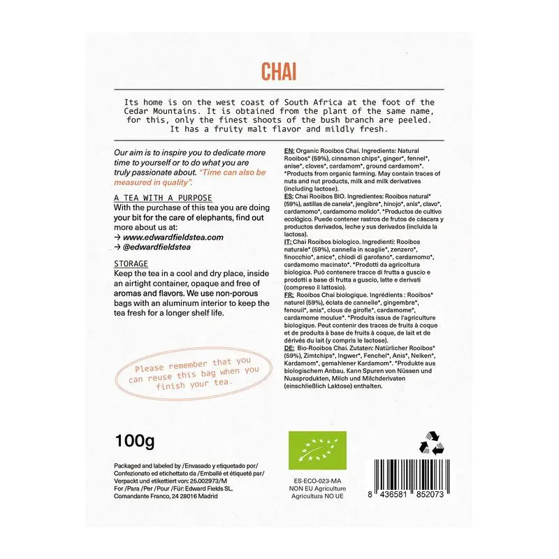 Edward Fields Tea Infusión Rooibos Chai Latte Ecológico A Granel 50 Tazas Sin Teina , 100 gr