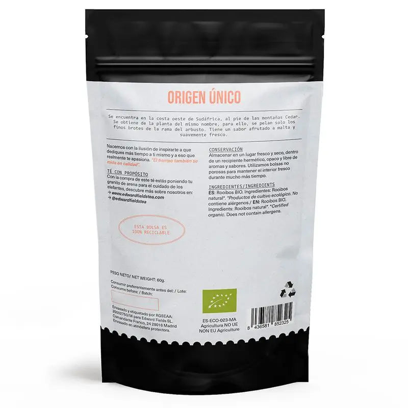 Edward Fields Tea Infusión Rooibos Ecológico A Granel 25 Tazas Sin Teina , 60 gr