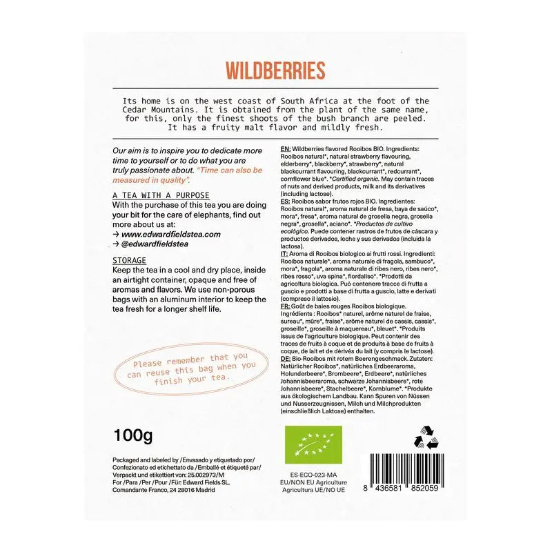 Edward Fields Tea Infusión Rooibos Frutos Rojos Ecológico A Granel 50 Tazas Sin Teina , 100 gr