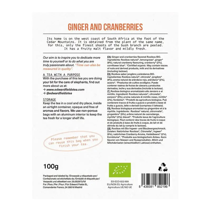 Edward Fields Tea Infusión Rooibos Jengibre Y Arándanos Ecológico A Granel 50 Tazas Sin Teina , 100 gr