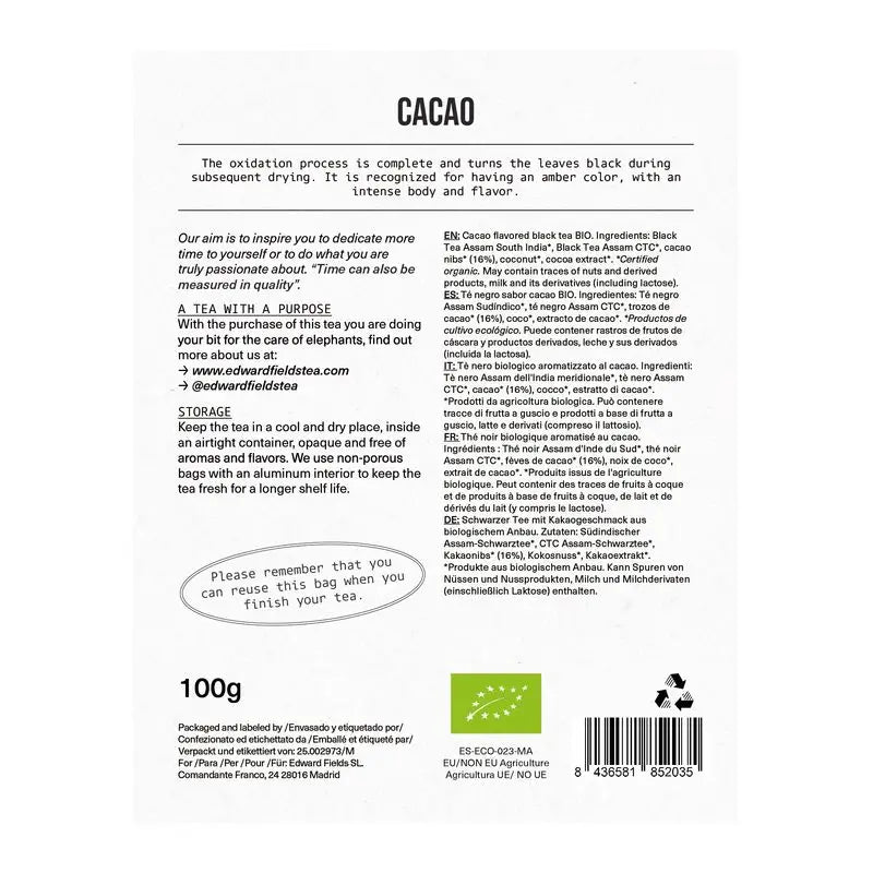 Edward Fields Tea Té Negro Ecológico A Granel Con Cacao 50 Tazas , 100 gr